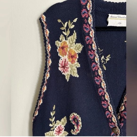 VINTAGE 90S MARISA CHRISTINA Floral Chunky Knit Button Up Sweater Vest Granny 1X - Picture 5 of 12